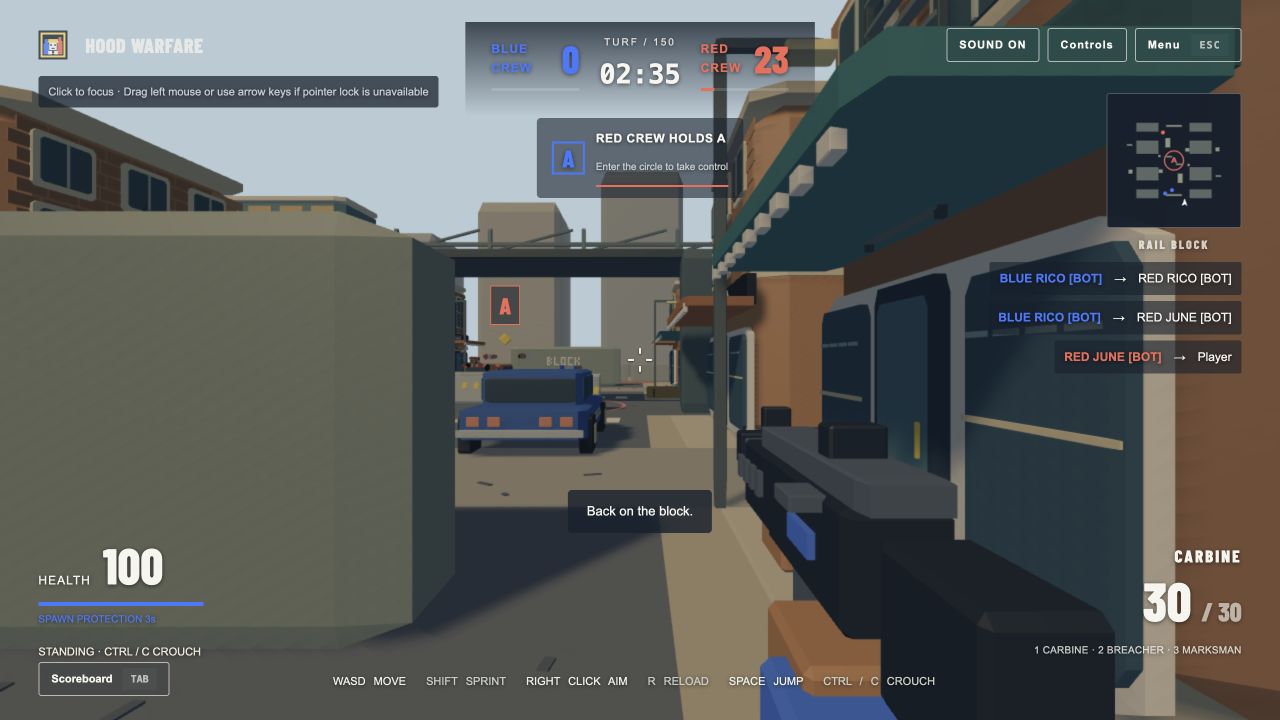 Hood Warfare browser gameplay: brick-built streets, capture point A, and first-person carbine