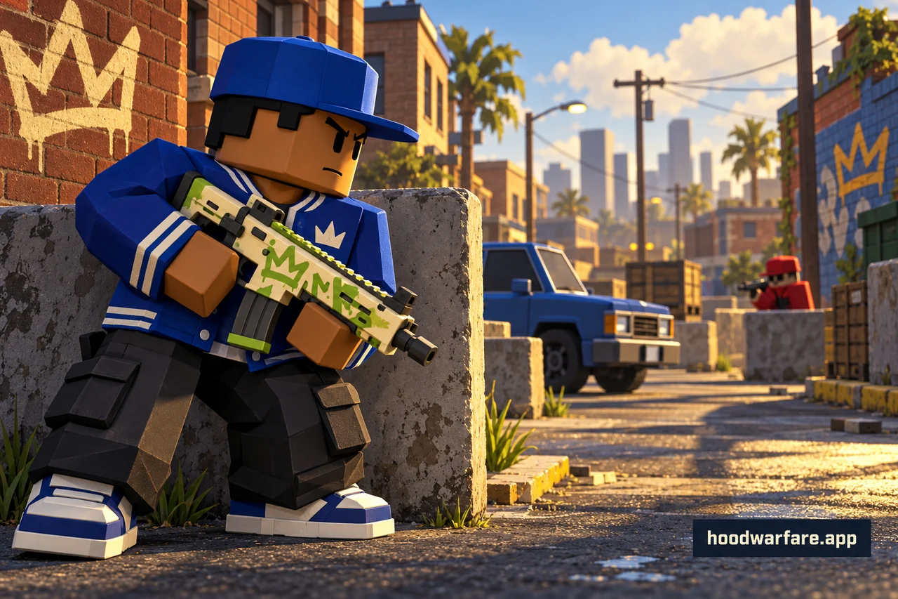 Illustration of a blue varsity character holding an ivory and lime carbine behind street cover, with hoodwarfare.app branding