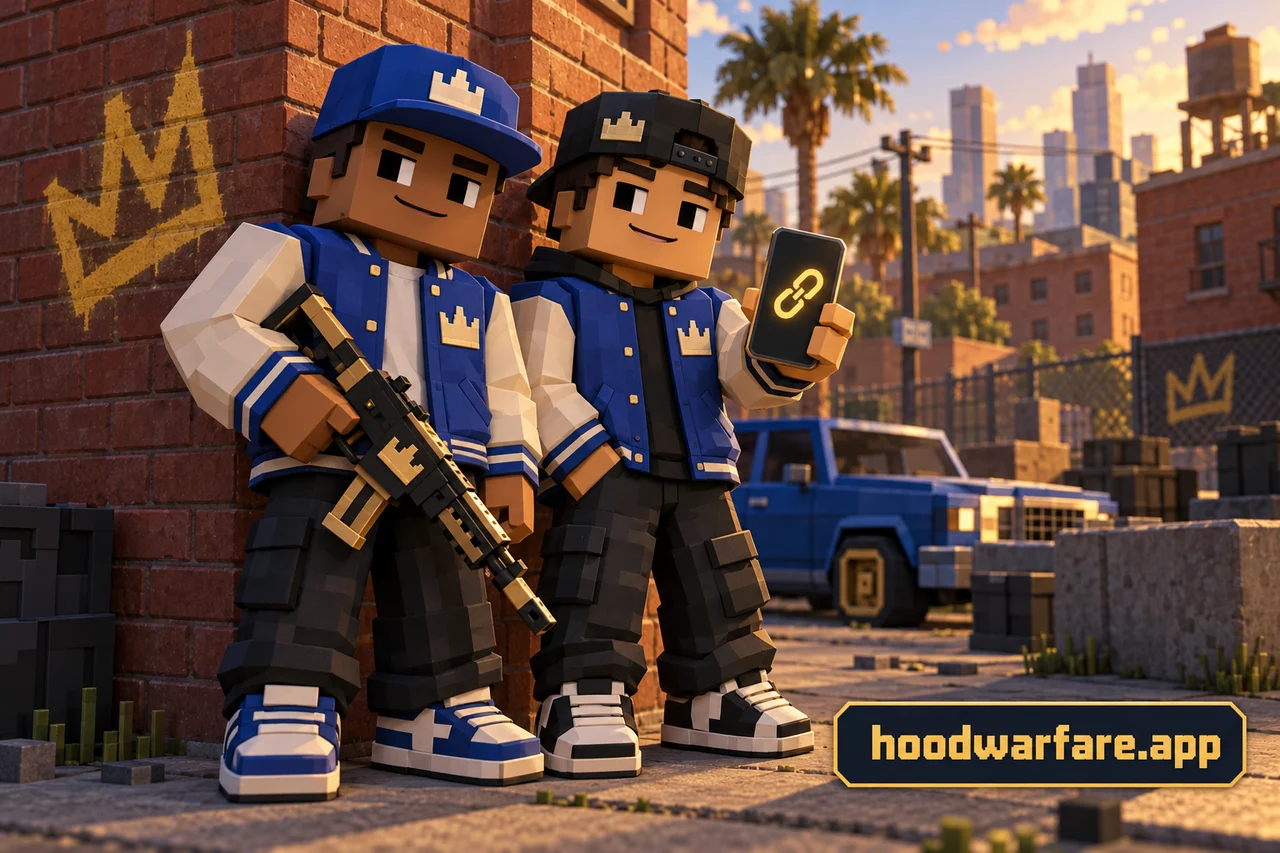 Illustration of two blue varsity crew characters sharing a link beside a brick street, with hoodwarfare.app branding