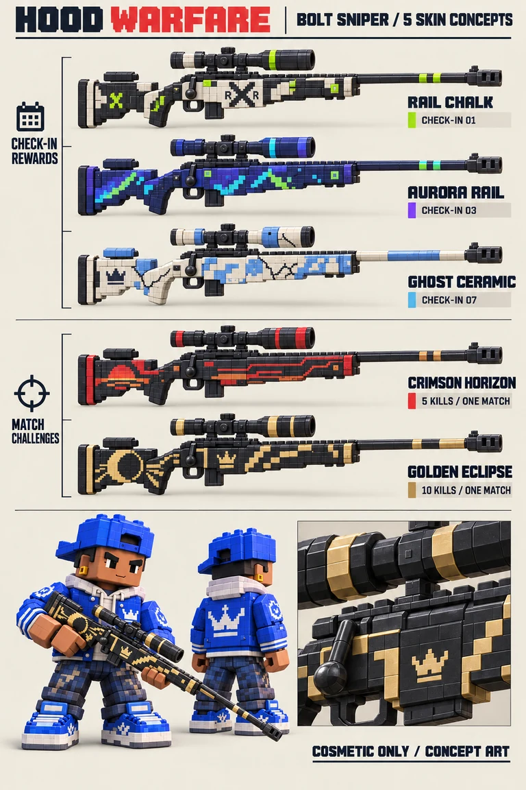 BOLT SNIPER skin concept sheet showing RAIL CHALK, AURORA RAIL, GHOST CERAMIC, CRIMSON HORIZON, GOLDEN ECLIPSE, and a blue crew character holding a gun