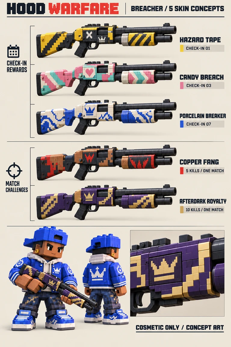 BREACHER skin concept sheet showing HAZARD TAPE, CANDY BREACH, PORCELAIN BREAKER, COPPER FANG, AFTERDARK ROYALTY, and a blue crew character holding a gun