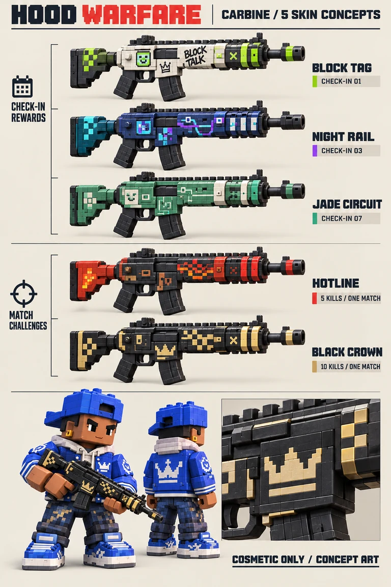 CARBINE skin concept sheet showing BLOCK TAG, NIGHT RAIL, JADE CIRCUIT, HOTLINE, BLACK CROWN, and a blue crew character holding a gun