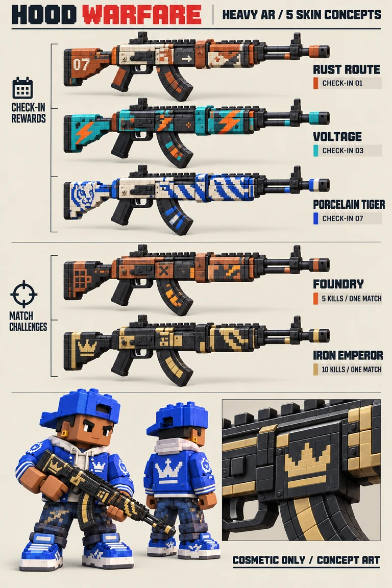 HEAVY AR skin concept sheet showing RUST ROUTE, VOLTAGE, PORCELAIN TIGER, FOUNDRY, IRON EMPEROR, and a blue crew character holding a gun