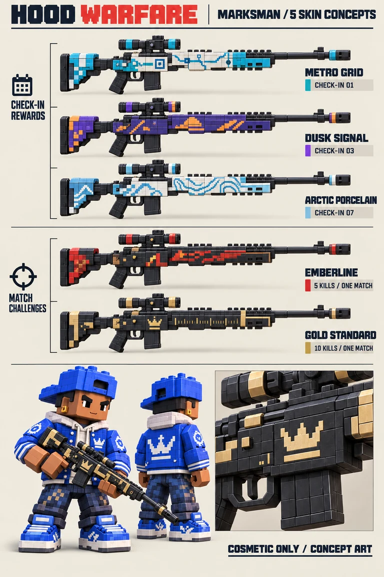 MARKSMAN skin concept sheet showing METRO GRID, DUSK SIGNAL, ARCTIC PORCELAIN, EMBERLINE, GOLD STANDARD, and a blue crew character holding a gun