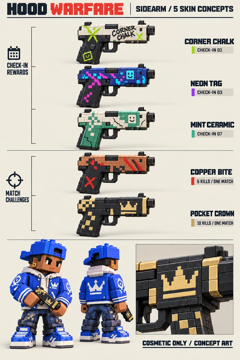 SIDEARM skin concept sheet showing CORNER CHALK, NEON TAG, MINT CERAMIC, COPPER BITE, POCKET CROWN, and a blue crew character holding a gun