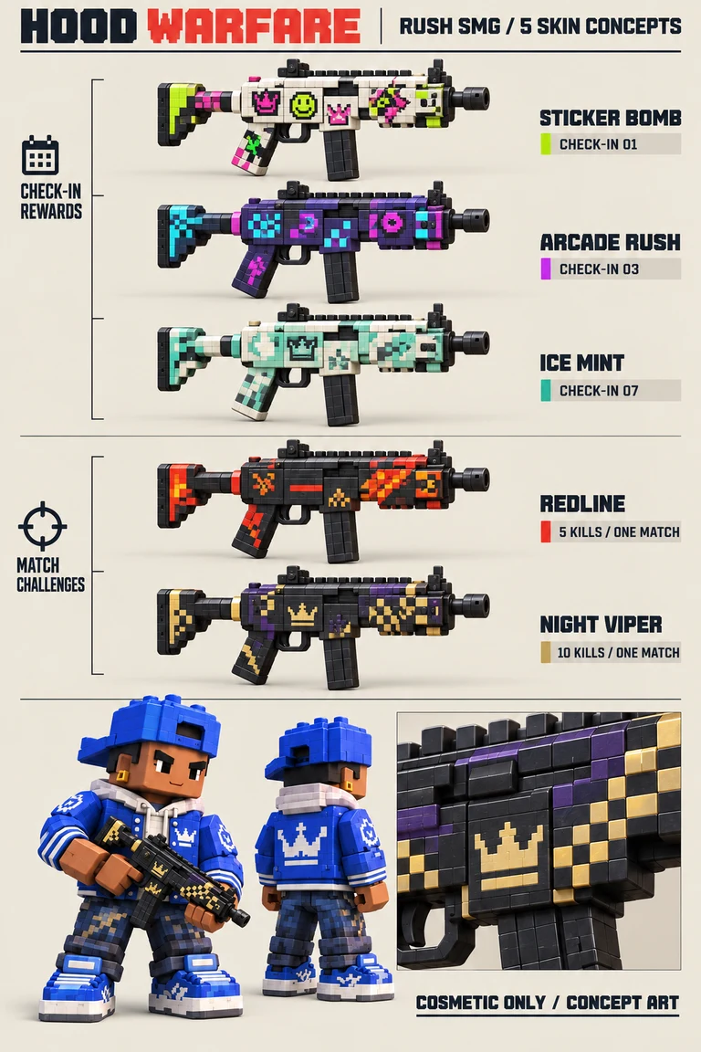 RUSH SMG skin concept sheet showing STICKER BOMB, ARCADE RUSH, ICE MINT, REDLINE, NIGHT VIPER, and a blue crew character holding a gun